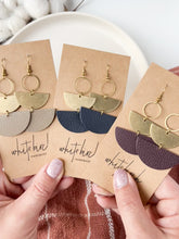 Load and play video in Gallery viewer, Taupe Leather &amp; Brass Stacked Half Moon Dangle Earrings
