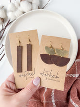 Load and play video in Gallery viewer, Split Plank Brown Leather &amp; Brass Half Moon Stacked Dangle Earrings

