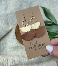 Load and play video in Gallery viewer, Distressed Russet Leather &amp; Brass Stacked Half Moon Dangle Earrings
