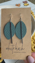 Load and play video in Gallery viewer, Silver Pine Teal Leather Petal and Silver Bar Earrings
