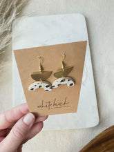 Load and play video in Gallery viewer, Polka Dot Leather Arc &amp; Brass Half Moon Earrings
