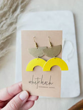 Load and play video in Gallery viewer, Yellow Leather Arc &amp; Brass Half Moon Earrings
