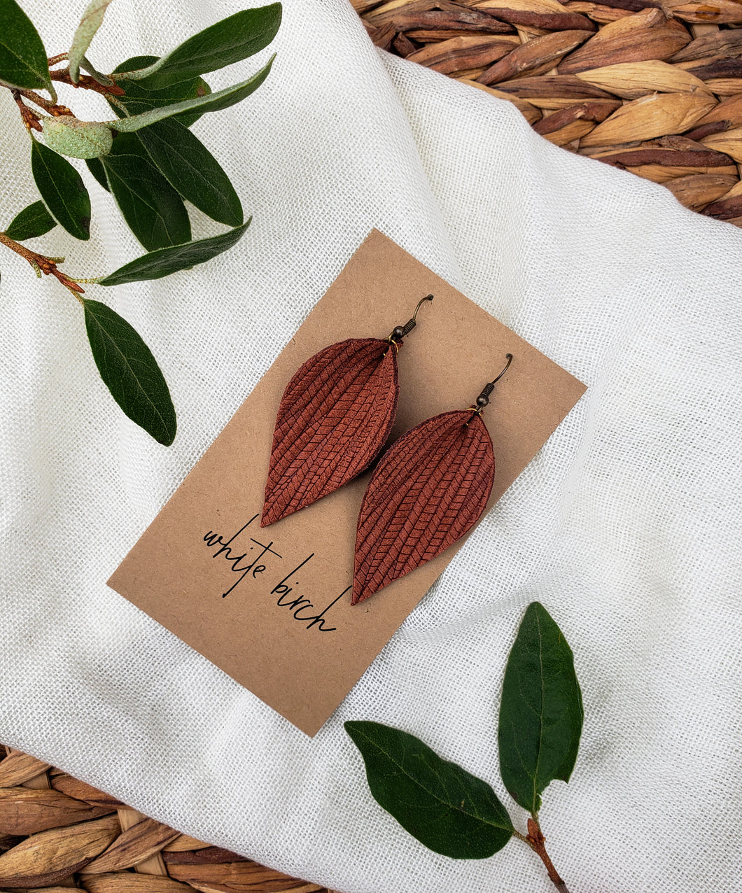 Cinnamon Textured Leather Leaf Earrings