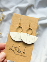 Load and play video in Gallery viewer, Half Moon White Cork Leather &amp; Brass Circle Dangle Earrings
