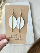 Load and play video in Gallery viewer, Petal Shape White Saffiano Lux Leather &amp; Brass Bar Statement Geometric Earrings
