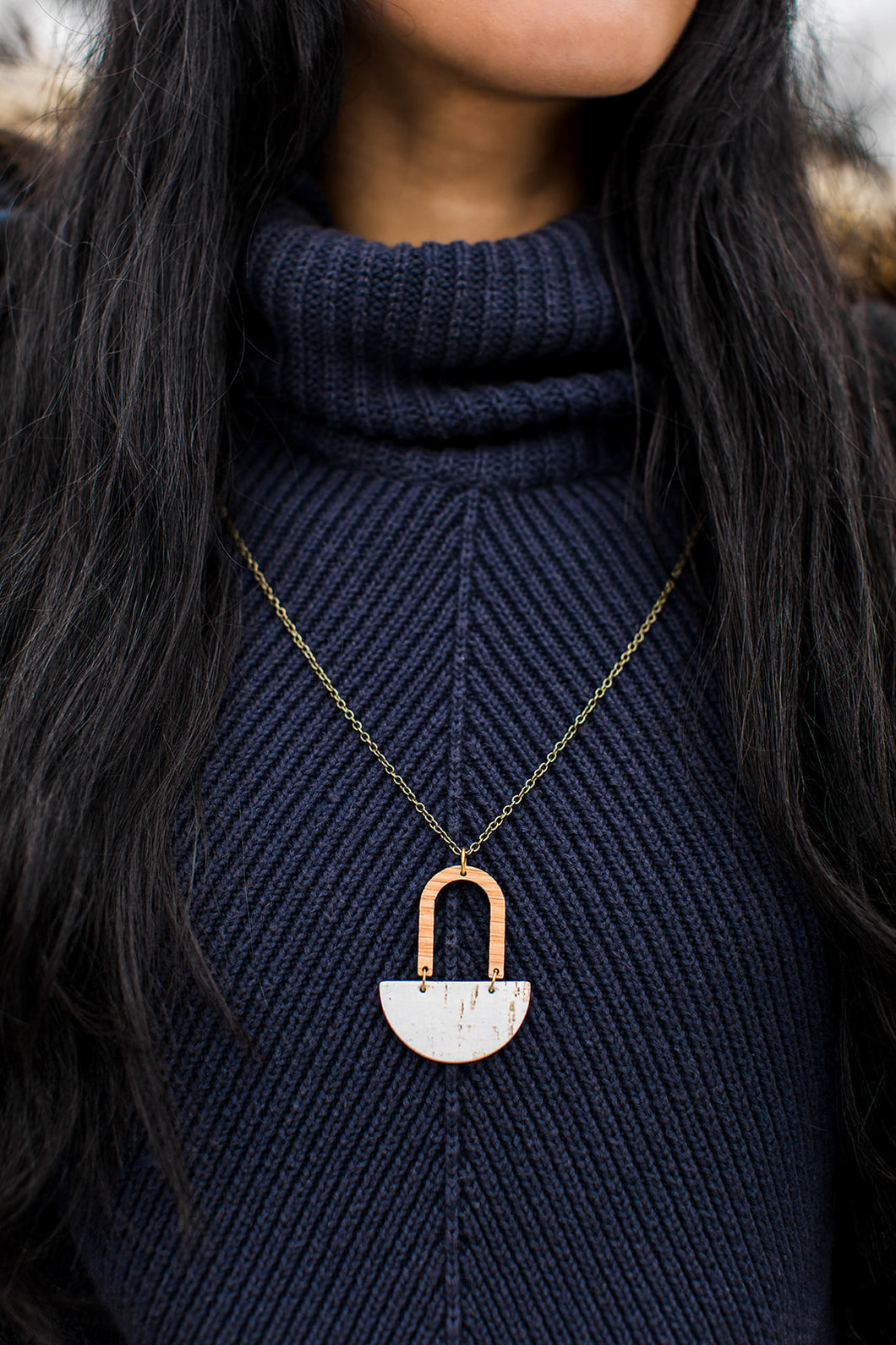 White Birch Cork Leather & Light Cherry Wood Long Necklace