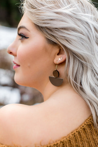 Taupe Leather Half Moon & Walnut Wood Circle Earrings