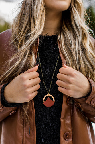 Geometric Brown Leather & Light Cherry Wood Necklace
