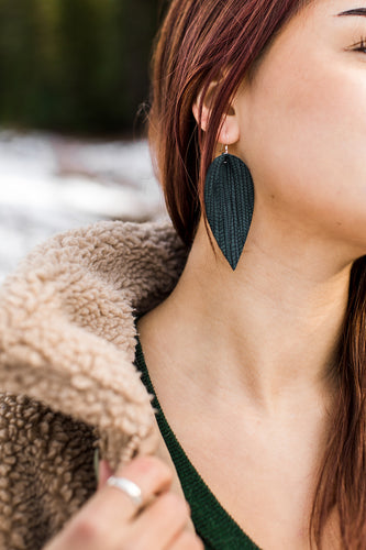 Forest Green Leather Leaf Earrings