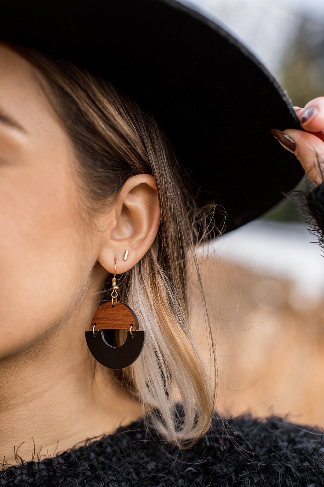Smooth Black Leather & Sapele Wood Geometric Dangle Earrings