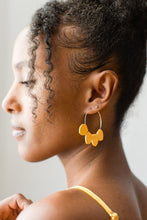 Load image into Gallery viewer, Mustard Yellow Leather Petal Hoop Earrings
