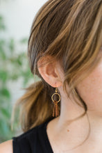 Load image into Gallery viewer, Mini Black Leather Tassel &amp; Brass Circle Earrings
