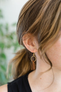 Mini Black Leather Tassel & Brass Circle Earrings