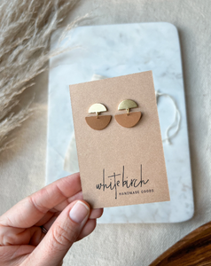 London Tan Leather Stud Earrings with Gold Post