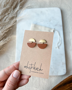 Brown Leather Stud Earrings with Gold Post
