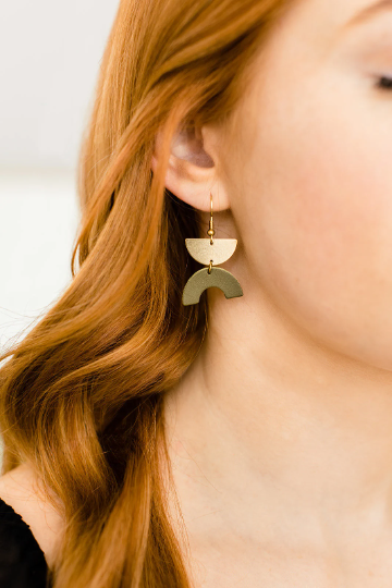 Olive Green Leather Arc & Brass Half Moon Earrings