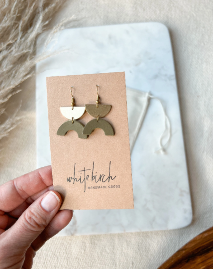 Army Green Leather Arc & Brass Half Moon Earrings