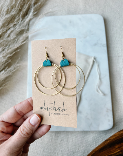Distressed Blue Leather & Brass Circles Earrings