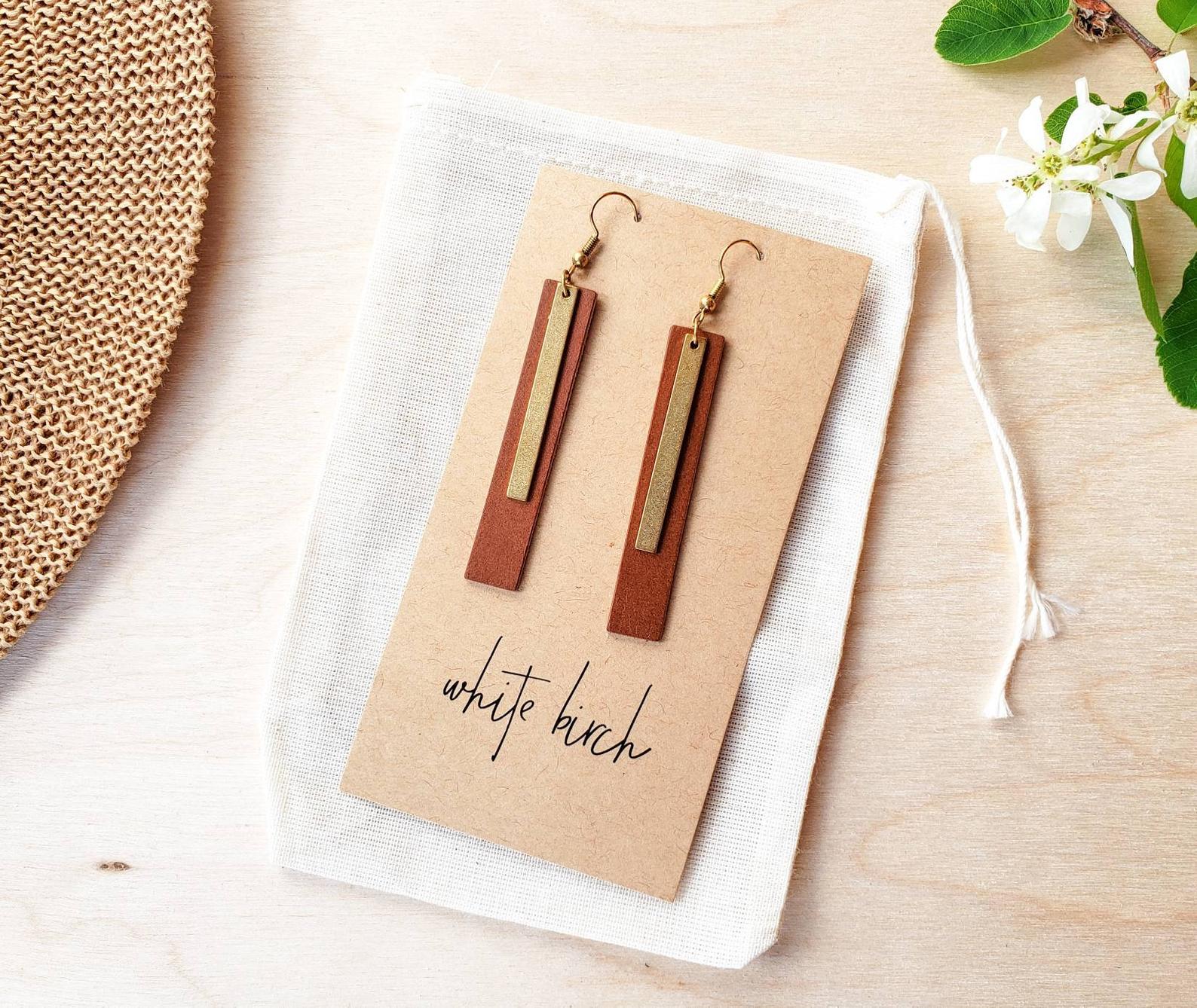 Brown Bar Leather Earrings with Rectangle Brass Bar Accent
