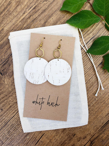 White Cork Leather & Brass Hexagon Dangle Earrings 