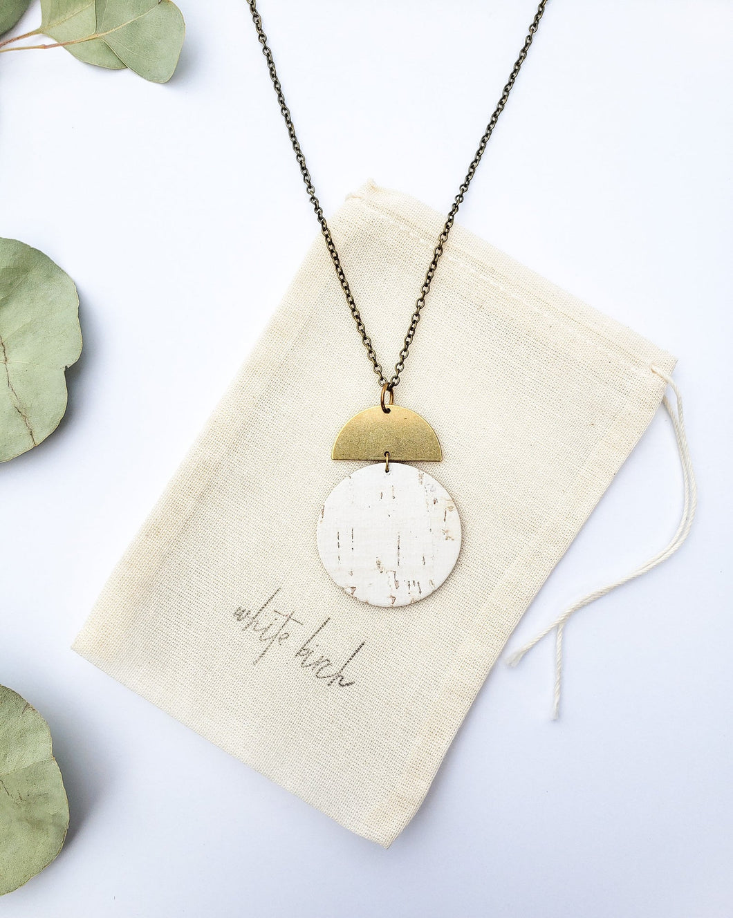 Geometric Brass 1/2 Moon White Cork Disc Leather Necklace