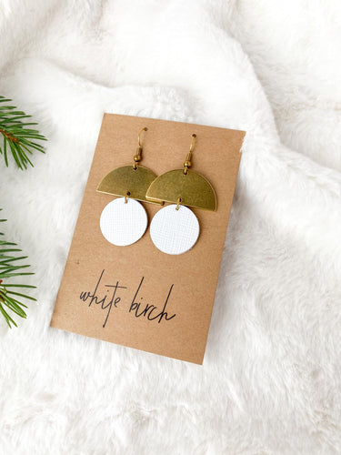 Leather Small Disc & Brass Half Moon Earrings