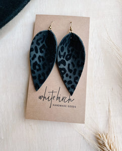 Flocked Velvet Black Leopard Leather Leaf Earrings