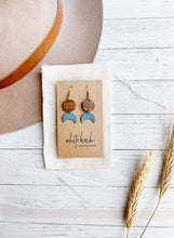 Load image into Gallery viewer, Blue Leather Moon &amp; Walnut Wood Circle Dangle Earrings
