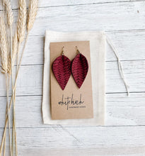 Load image into Gallery viewer, Maroon Braided Leather Leaf Earrings
