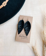 Load image into Gallery viewer, *SALE* Flocked Velvet Black Leopard Leather Small Leaf Earrings With Raw Brass Hook
