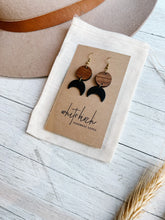 Load image into Gallery viewer, Black Leather Moon &amp; Walnut Wood Circle Dangle Earrings
