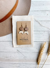 Load image into Gallery viewer, Cream Leather Moon &amp; Walnut Wood Circle Dangle Earrings
