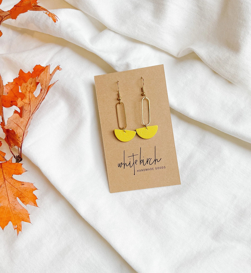 *SALE* Small Brass Oval and Yellow Leather Earrings With Raw Brass Hooks