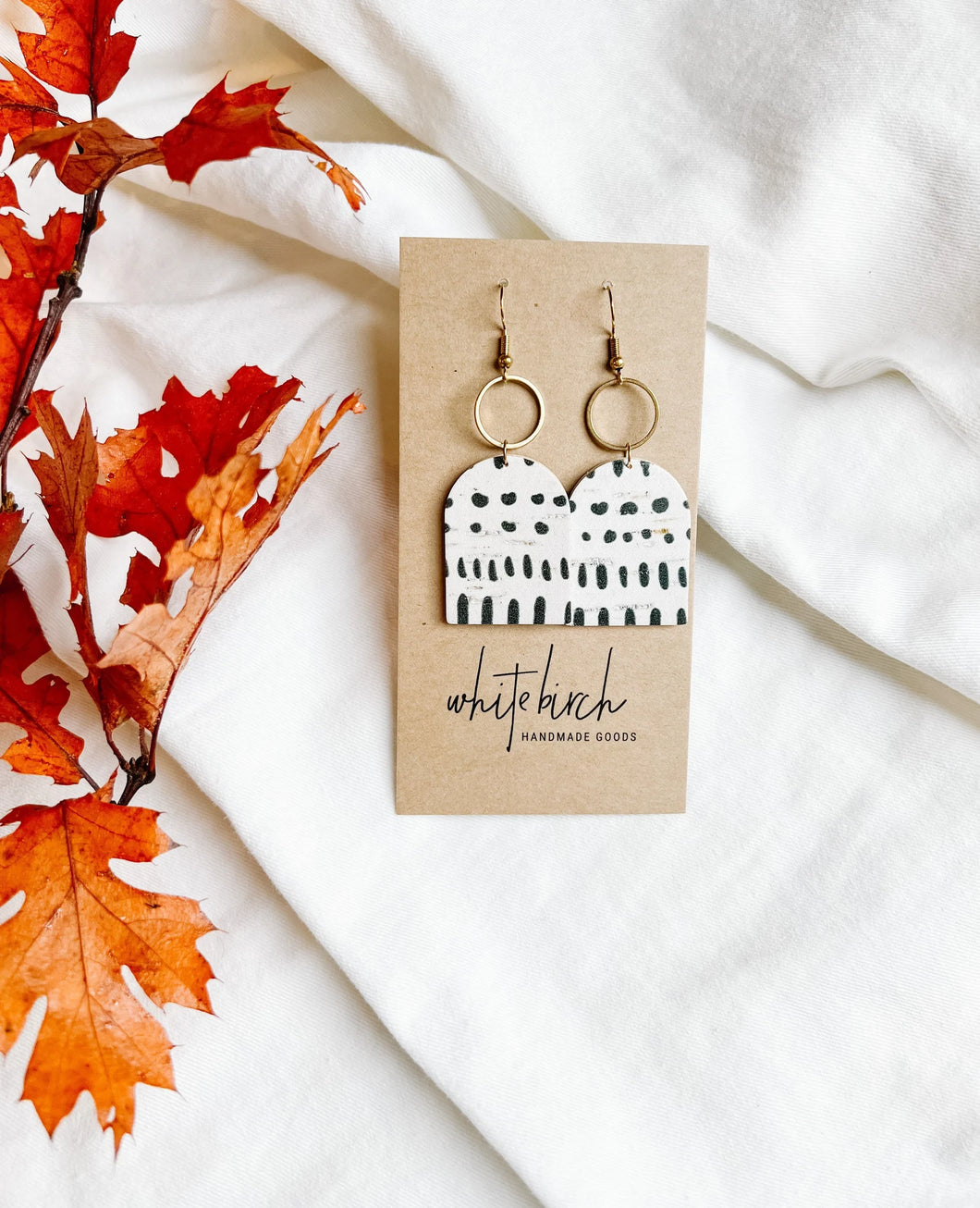 White and Black Pattern Cork Leather with Brass Circle Earrings