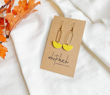 Load image into Gallery viewer, *SALE* Small Brass Oval and Yellow Leather Earrings With Raw Brass Hooks
