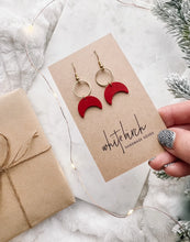 Load image into Gallery viewer, Red Leather Moon &amp; Brass Ring Earrings
