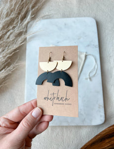 Black Leather Arc & Brass Half Moon Earrings