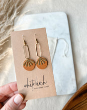 Load image into Gallery viewer, Tan Brown Leather &amp; Brass Sunburst Geometric Earrings
