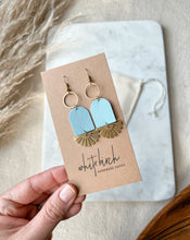 Load image into Gallery viewer, Baby Blue Leather &amp; Brass Sunburst Geometric Earrings
