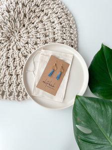 Mini Sky Blue Leather Tassel & Brass Circle Earrings