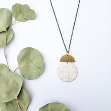 Load image into Gallery viewer, Geometric Brass 1/2 Moon White Cork Disc Leather Necklace
