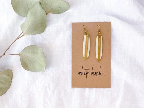 Beige Leather and Brass Bar Earrings