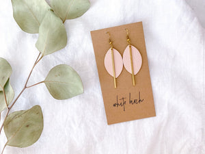 Blush Pink Petal Leather and Brass Bar Earrings