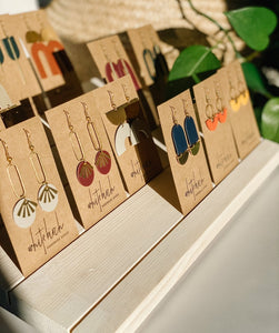 Primer Grey Leather & Brass Sunburst Geometric Earrings
