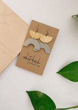 Load image into Gallery viewer, Primer Grey Leather Half Circle &amp; Brass Half Moon Earrings
