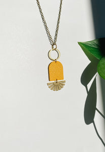 Geometric Brass Sunburst Mustard Yellow Leather Necklace