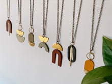 Load image into Gallery viewer, Geometric Brass Sunburst Mustard Yellow Leather Necklace
