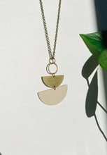 Load image into Gallery viewer, Geometric Brass &amp; Beige Leather Half Moon Necklace
