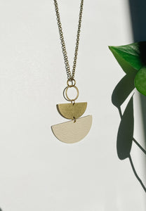 Geometric Brass & Beige Leather Half Moon Necklace