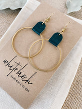 Load image into Gallery viewer, Dark Green Leather Oval &amp; Brass Circle Earrings

